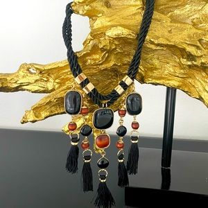 Beautiful chicos black fabric cord necklace with matching fringe earrings
